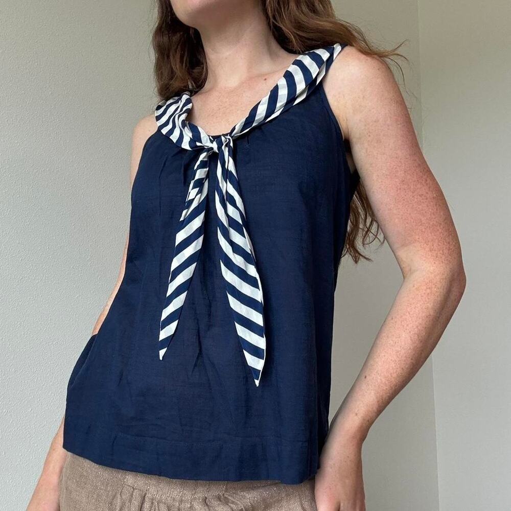 Anthropologie Navy blouse striped tie neck